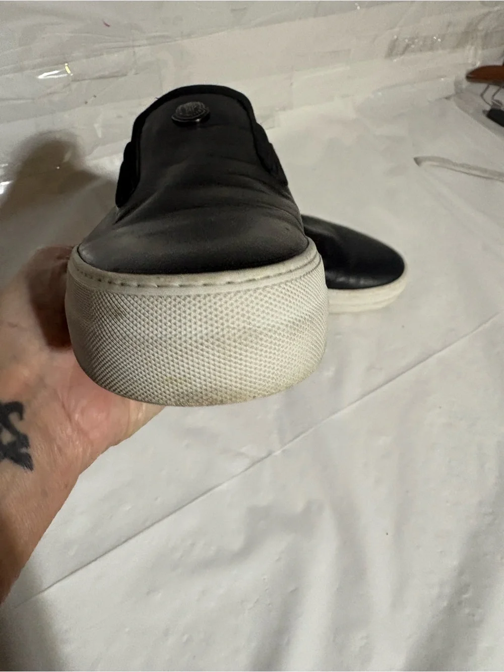 Moncler Black Leather Slip-On Loafers with White Sole